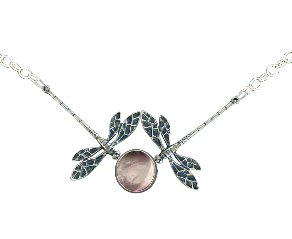 Sterling Silver Double Dragonfly Necklace With Rose Quartz